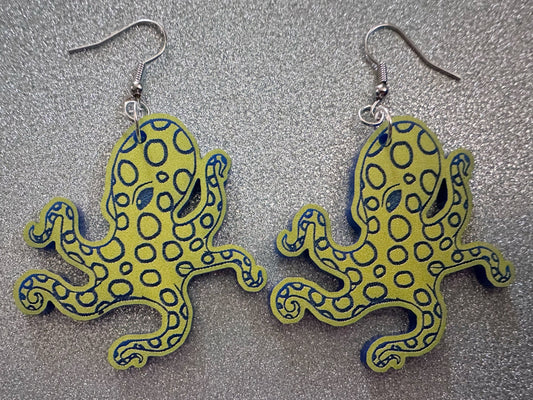 Blue Ring Octopus Earrings: Laser Cut Acrylic Octopuses, Cephalopods, Ocean Animals, Fish, Sea Creatures, Aquatic, Gifts for Her/Him/Them
