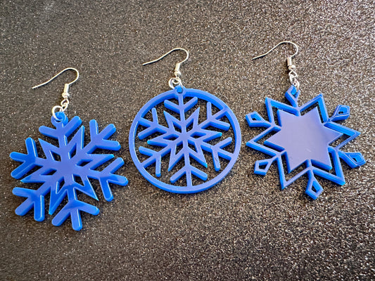 Blue Snowflake Earrings: Laser Cut Acrylic Snowflakes, Stormy Weather, Snowing, Snow Storm, Winter, Gifts for Her/Him/Them