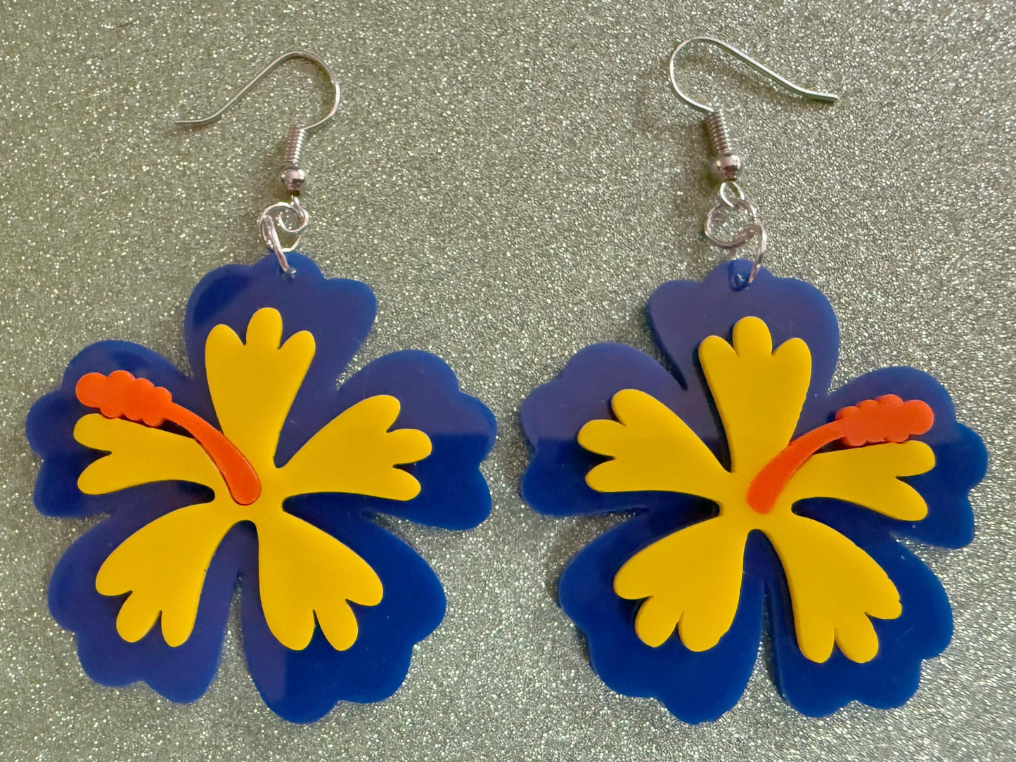 Blue Yellow Hibiscus Earrings: Laser Cut Acrylic Flowers, Floral, Flower, Hawaii, Maui Strong, Summer Vibes, Best Gifts for Her/Him/Them