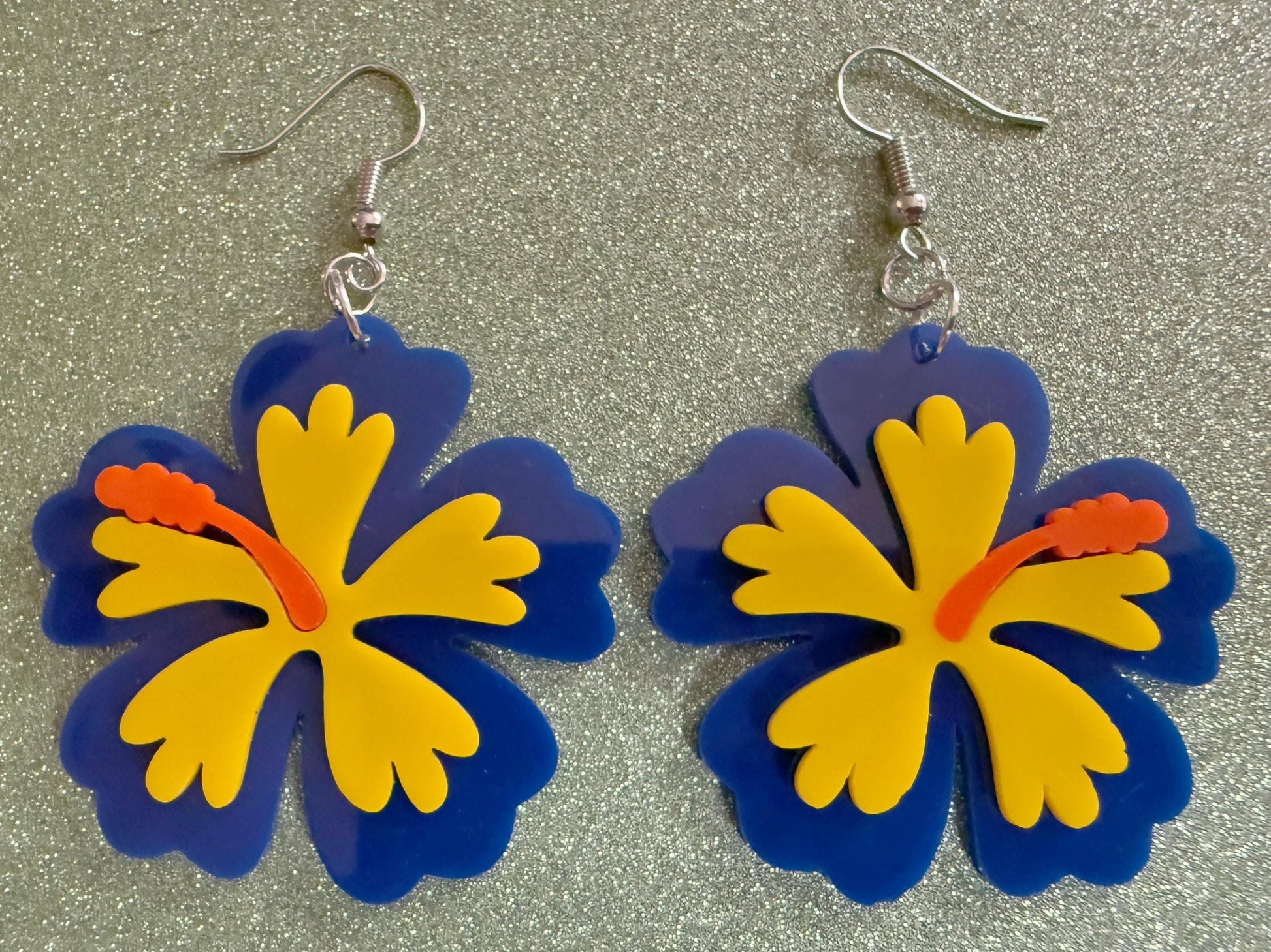 Blue Yellow Hibiscus Earrings: Laser Cut Acrylic Flowers, Floral, Flower, Hawaii, Maui Strong, Summer Vibes, Best Gifts for Her/Him/Them