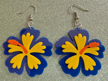Blue Yellow Hibiscus Earrings: Laser Cut Acrylic Flowers, Floral, Flower, Hawaii, Maui Strong, Summer Vibes, Best Gifts for Her/Him/Them