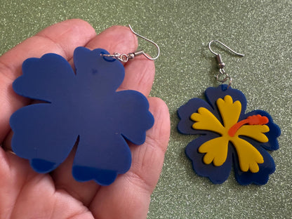 Blue Yellow Hibiscus Earrings: Laser Cut Acrylic Flowers, Floral, Flower, Hawaii, Maui Strong, Summer Vibes, Best Gifts for Her/Him/Them