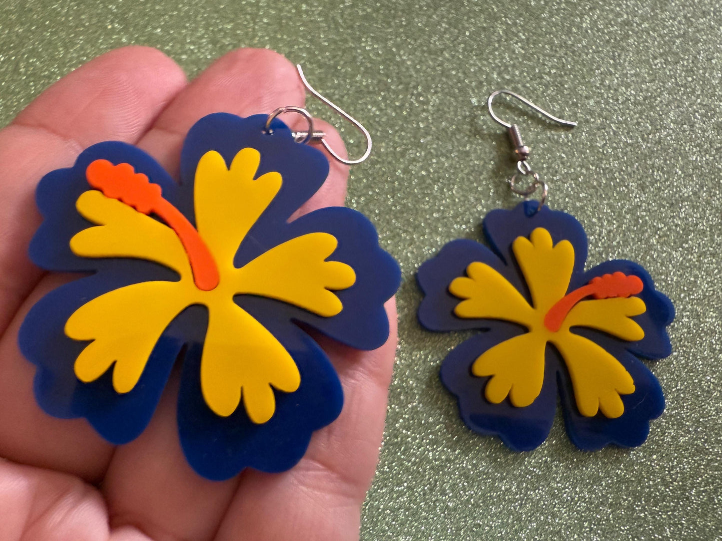 Blue Yellow Hibiscus Earrings: Laser Cut Acrylic Flowers, Floral, Flower, Hawaii, Maui Strong, Summer Vibes, Best Gifts for Her/Him/Them