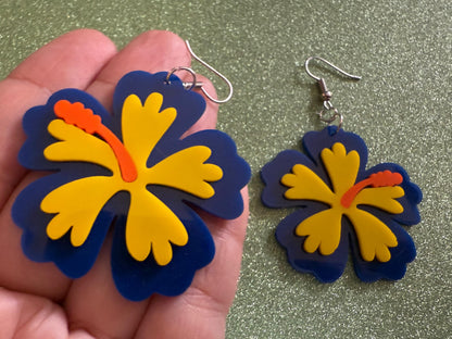 Blue Yellow Hibiscus Earrings: Laser Cut Acrylic Flowers, Floral, Flower, Hawaii, Maui Strong, Summer Vibes, Best Gifts for Her/Him/Them