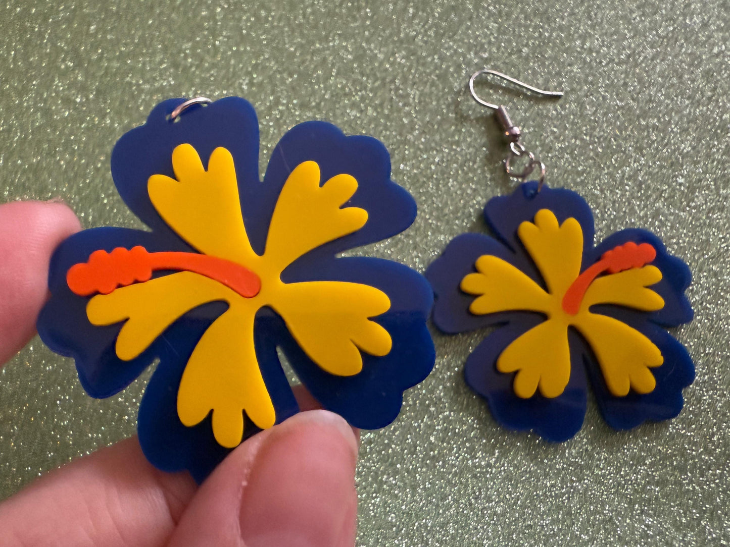 Blue Yellow Hibiscus Earrings: Laser Cut Acrylic Flowers, Floral, Flower, Hawaii, Maui Strong, Summer Vibes, Best Gifts for Her/Him/Them