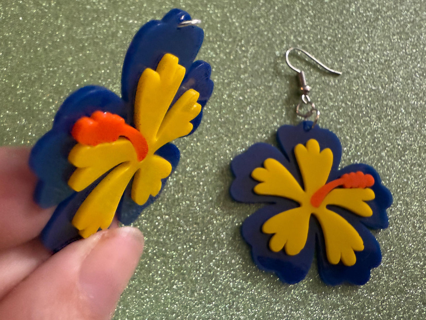 Blue Yellow Hibiscus Earrings: Laser Cut Acrylic Flowers, Floral, Flower, Hawaii, Maui Strong, Summer Vibes, Best Gifts for Her/Him/Them