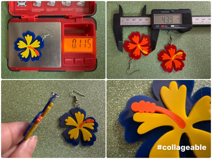 Blue Yellow Hibiscus Earrings: Laser Cut Acrylic Flowers, Floral, Flower, Hawaii, Maui Strong, Summer Vibes, Best Gifts for Her/Him/Them