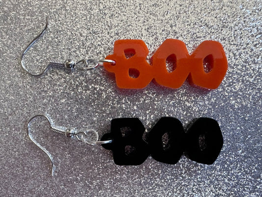 Boo Ghost Earrings: Laser Cut Acrylic Halloween Text, Black, Orange, Scary Ghosts, Spooktastic, Best Gifts for Her/Him/Them