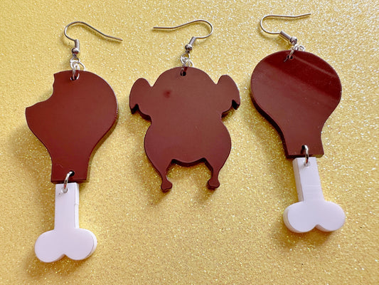 Broiled Turkey Earrings: Thanksgiving, Holiday, Laser Cut Acrylic Turkeys, Cooked, Prepared, Deep Fried, Chicken, Gifts for Her/Him/Them