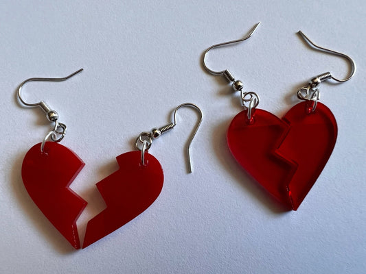 Broken Heart Earrings: Laser Cut Acrylic Fitting Heart Halves, Love, Heartbreak, Best Friends, Valentines Gifts for Her/Him/Them