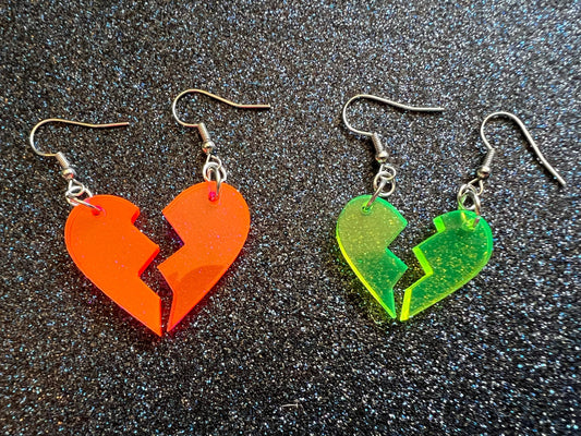Broken Heart Earrings: Laser Cut Acrylic Fitting Heart Halves, Love, Heartbreak, Best Friends, Valentines Gifts for Her/Him/Them