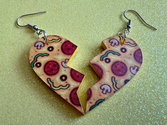 Broken Heart Pizza Earrings: Laser Cut Acrylic Pizzas, Fast Food Earrings, Love, Junk Food, Comfort Food, BFF, Best Gifts for Her/Him/Them