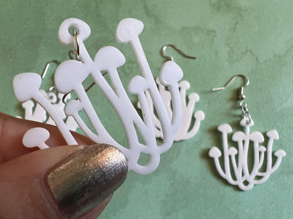 Bunapi Beech Mushroom Earrings: White Mushroom Bunch, Mycology, Foraging, Laser Cut Acrylic Mushroom Jewelry, Best Gifts for Her/Him/Them