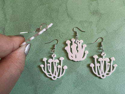 Bunapi Beech Mushroom Earrings: White Mushroom Bunch, Mycology, Foraging, Laser Cut Acrylic Mushroom Jewelry, Best Gifts for Her/Him/Them