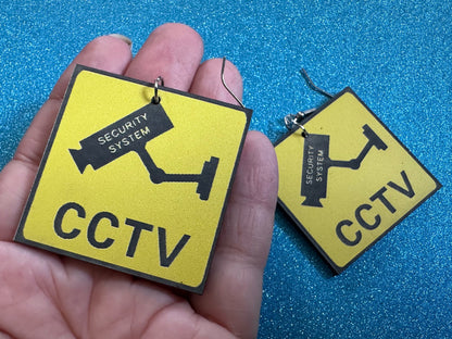 CCTV Sign Earrings: Laser Cut Acrylic Security Sign, Security Camera, Spy, Video Surveillance, Security, Video, Best Gifts for Her/Him/Them