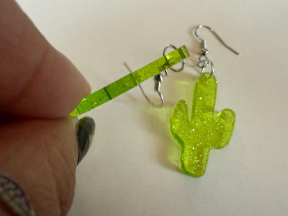 Cactus Earrings: Laser Cut Acrylic Palm Cacti, Sparkly Green Earrings, Plants, Tropical, Spiky Cactuses, Shiny, Best Gifts for Her/Him/Them
