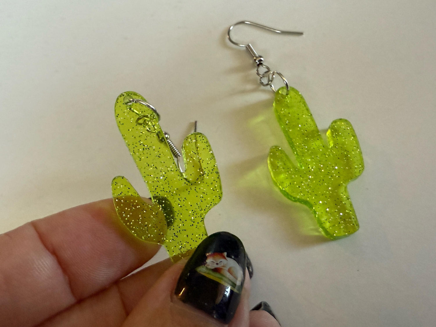 Cactus Earrings: Laser Cut Acrylic Palm Cacti, Sparkly Green Earrings, Plants, Tropical, Spiky Cactuses, Shiny, Best Gifts for Her/Him/Them