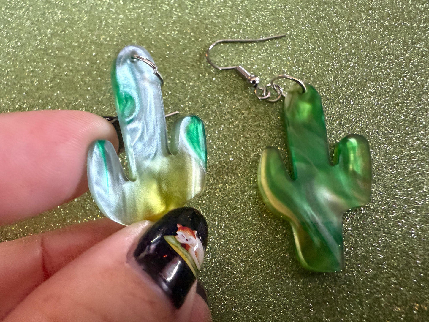 Cactus Earrings: Laser Cut Acrylic Palm Cacti, Sparkly Green Earrings, Plants, Tropical, Spiky Cactuses, Shiny, Best Gifts for Her/Him/Them