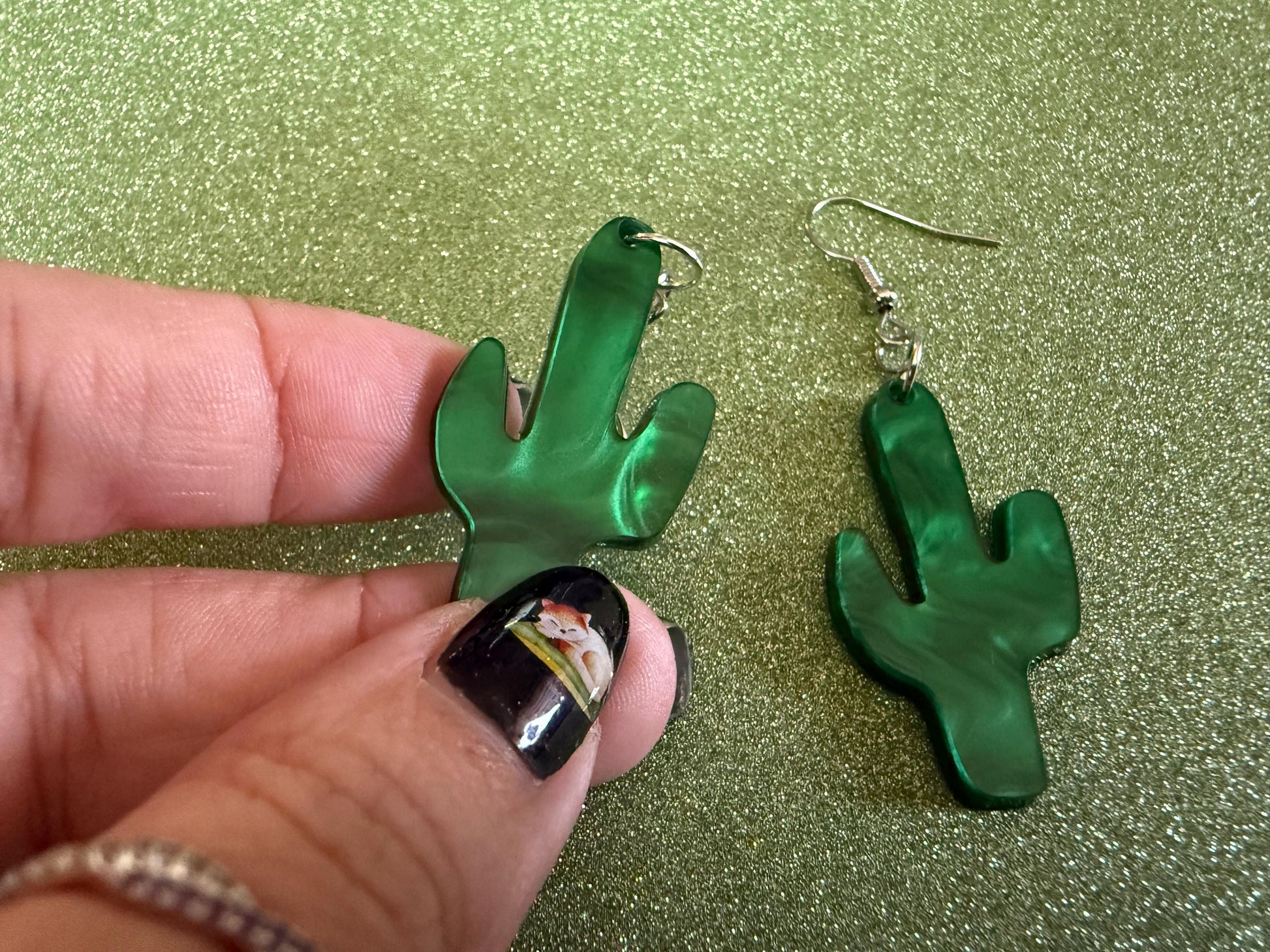 Cactus Earrings: Laser Cut Acrylic Palm Cacti, Sparkly Green Earrings, Plants, Tropical, Spiky Cactuses, Shiny, Best Gifts for Her/Him/Them