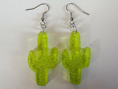 Cactus Earrings: Laser Cut Acrylic Palm Cacti, Sparkly Green Earrings, Plants, Tropical, Spiky Cactuses, Shiny, Best Gifts for Her/Him/Them