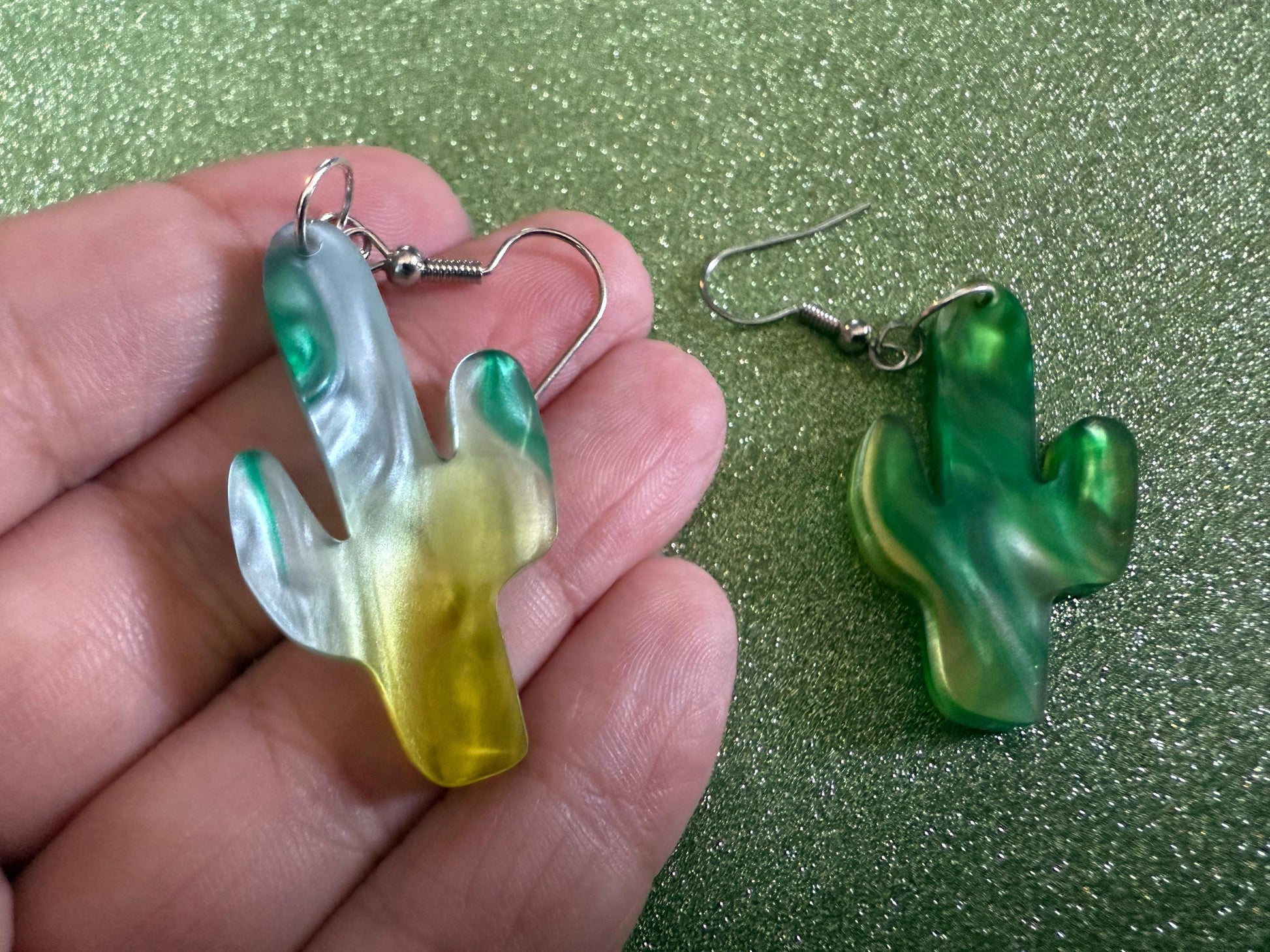Cactus Earrings: Laser Cut Acrylic Palm Cacti, Sparkly Green Earrings, Plants, Tropical, Spiky Cactuses, Shiny, Best Gifts for Her/Him/Them