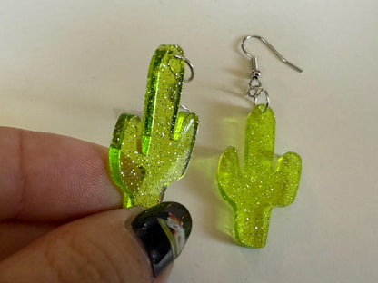 Cactus Earrings: Laser Cut Acrylic Palm Cacti, Sparkly Green Earrings, Plants, Tropical, Spiky Cactuses, Shiny, Best Gifts for Her/Him/Them