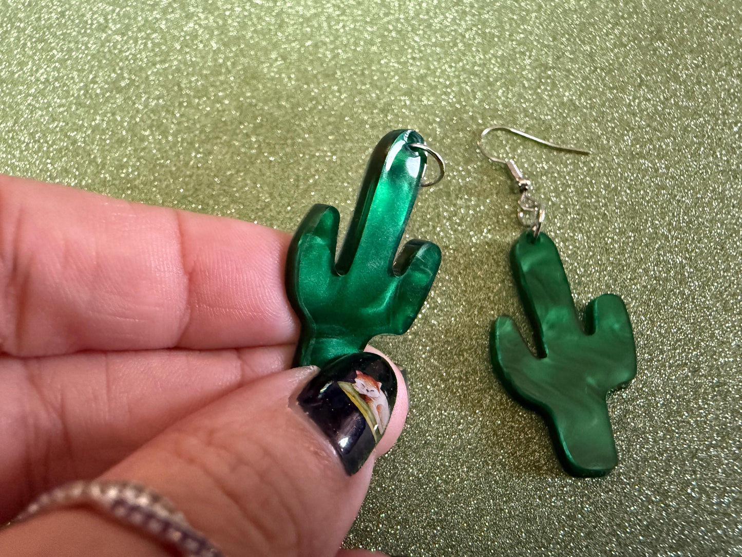 Cactus Earrings: Laser Cut Acrylic Palm Cacti, Sparkly Green Earrings, Plants, Tropical, Spiky Cactuses, Shiny, Best Gifts for Her/Him/Them