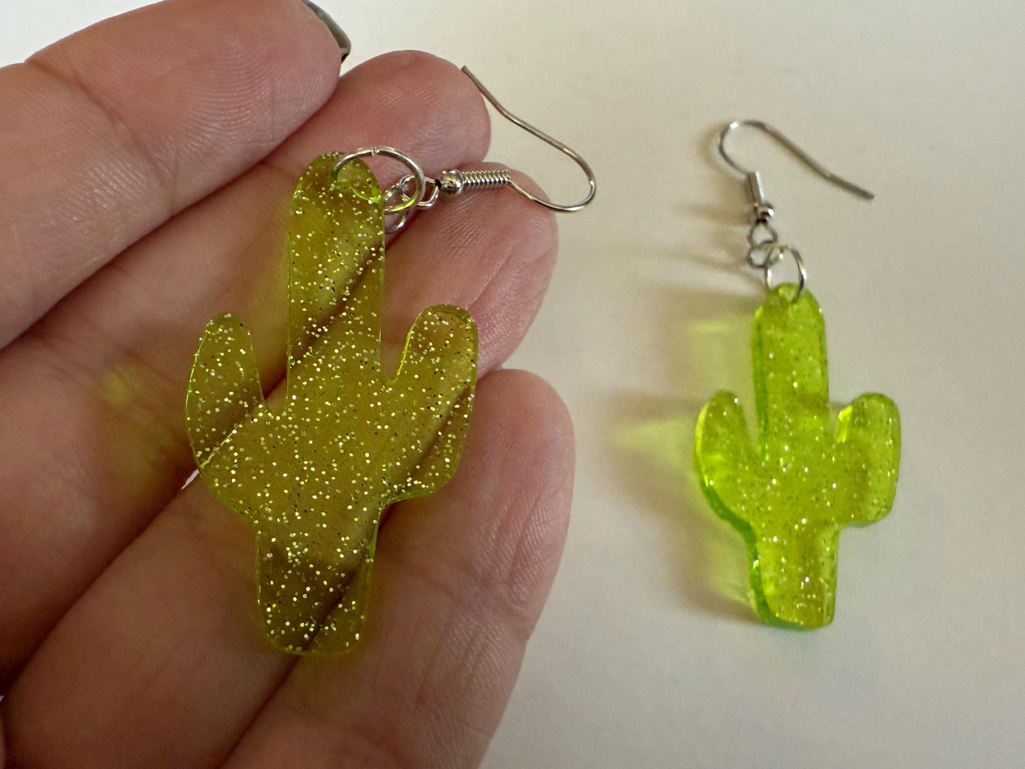 Cactus Earrings: Laser Cut Acrylic Palm Cacti, Sparkly Green Earrings, Plants, Tropical, Spiky Cactuses, Shiny, Best Gifts for Her/Him/Them