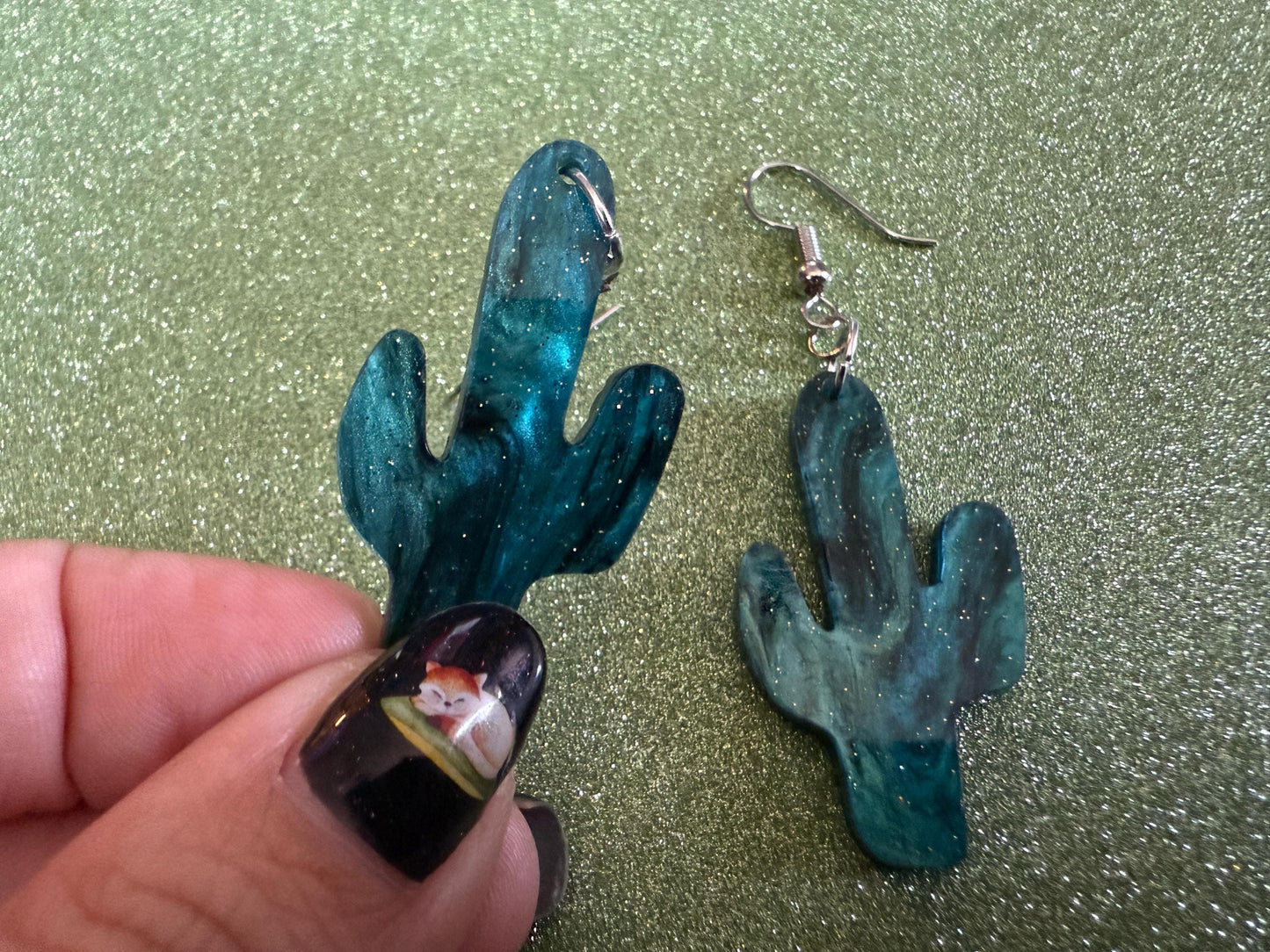Cactus Earrings: Laser Cut Acrylic Palm Cacti, Sparkly Green Earrings, Plants, Tropical, Spiky Cactuses, Shiny, Best Gifts for Her/Him/Them