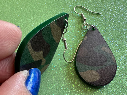 Camo Earrings: Laser Cut Acrylic Camouflage Earrings, Forest, Green, Military, Airsoft, Paintball, Army Outfit, Gifts for Her/Him/Them