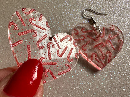 Candy Cane Earrings: Laser Cut Acrylic Candy Canes, Christmas Earrings, Holidays, Hearts, Holidays, Sweet Tooth, Best Gifts for Her/Him/Them