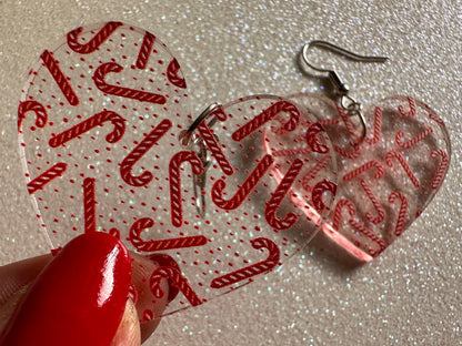 Candy Cane Earrings: Laser Cut Acrylic Candy Canes, Christmas Earrings, Holidays, Hearts, Holidays, Sweet Tooth, Best Gifts for Her/Him/Them