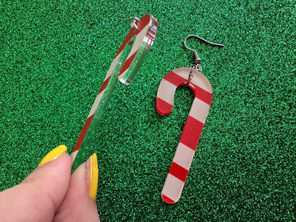 Candy Cane Earrings: Laser Cut Acrylic Christmas Earrings, Holidays, Dessert, Holidays, Sweet Tooth, Gifts for Her/Him/Them