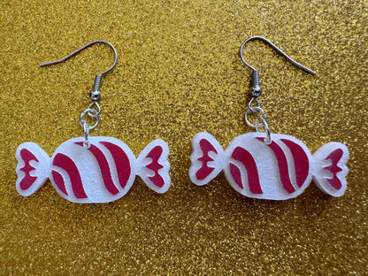 Candy Earrings: Laser Cut Acrylic Christmas Earrings, Xmas, X-mas, Winter Holidays, Santa Claus, Presents, Best Gifts for Her/Him/Them