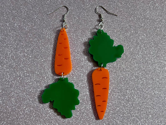 Carrot Earrings: Laser Cut Acrylic Carrots, Vegetables, Farm, Bunny Rabbit, Food Earrings, Veggies, Green, Best Gifts for Her/Him/Them