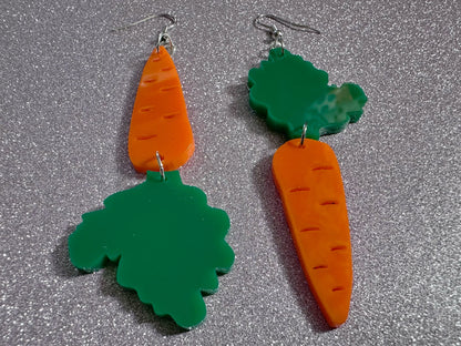 Carrot Earrings: Laser Cut Acrylic Carrots, Vegetables, Farm, Bunny Rabbit, Food Earrings, Veggies, Green, Best Gifts for Her/Him/Them