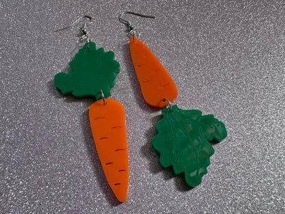 Carrot Earrings: Laser Cut Acrylic Carrots, Vegetables, Farm, Bunny Rabbit, Food Earrings, Veggies, Green, Best Gifts for Her/Him/Them