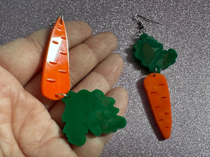 Carrot Earrings: Laser Cut Acrylic Carrots, Vegetables, Farm, Bunny Rabbit, Food Earrings, Veggies, Green, Best Gifts for Her/Him/Them