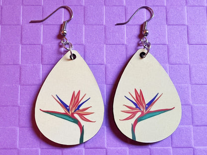 Cartoon Bird of Paradise Earring: Flower, Plants, Tropical Plant Earrings, Sublimated, Best Gifts for Her/Him/Them