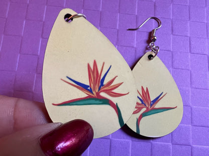 Cartoon Bird of Paradise Earring: Flower, Plants, Tropical Plant Earrings, Sublimated, Best Gifts for Her/Him/Them
