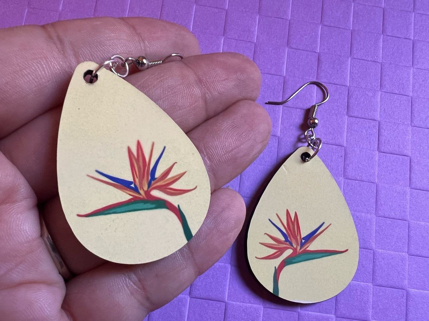 Cartoon Bird of Paradise Earring: Flower, Plants, Tropical Plant Earrings, Sublimated, Best Gifts for Her/Him/Them