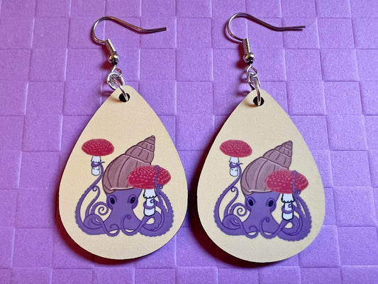 Cartoon Octopus with Mushroom Earring: Amanita Mushroom, Octopus Earrings, Snail Shell, Purple, Sublimated, Best Gifts for Her/Him/Them