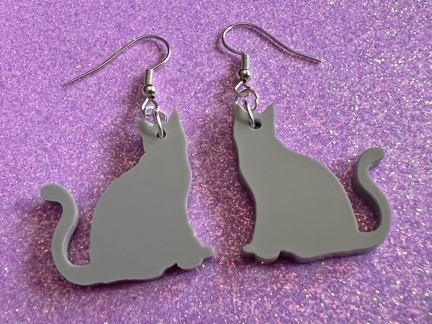Cat Earrings: Laser Cut Acrylic Gray Cats, Animal, Feline, Kitty, Kitties, Best Gifts for Her/Him/Them