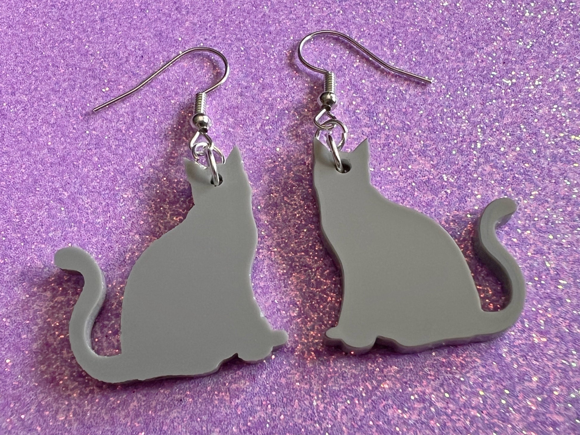 Cat Earrings: Laser Cut Acrylic Gray Cats, Animal, Feline, Kitty, Kitties, Best Gifts for Her/Him/Them