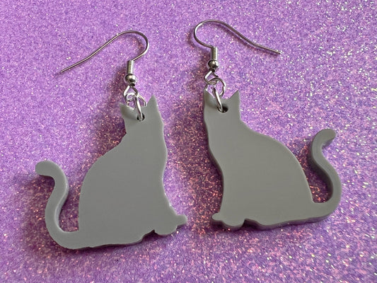 Cat Earrings: Laser Cut Acrylic Gray Cats, Animal, Feline, Kitty, Kitties, Best Gifts for Her/Him/Them