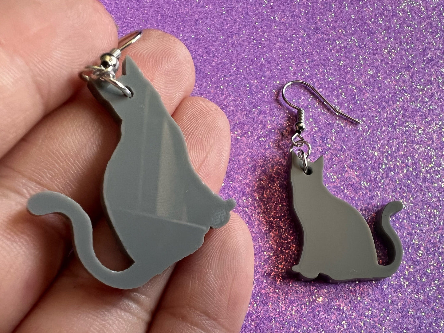 Cat Earrings: Laser Cut Acrylic Gray Cats, Animal, Feline, Kitty, Kitties, Best Gifts for Her/Him/Them