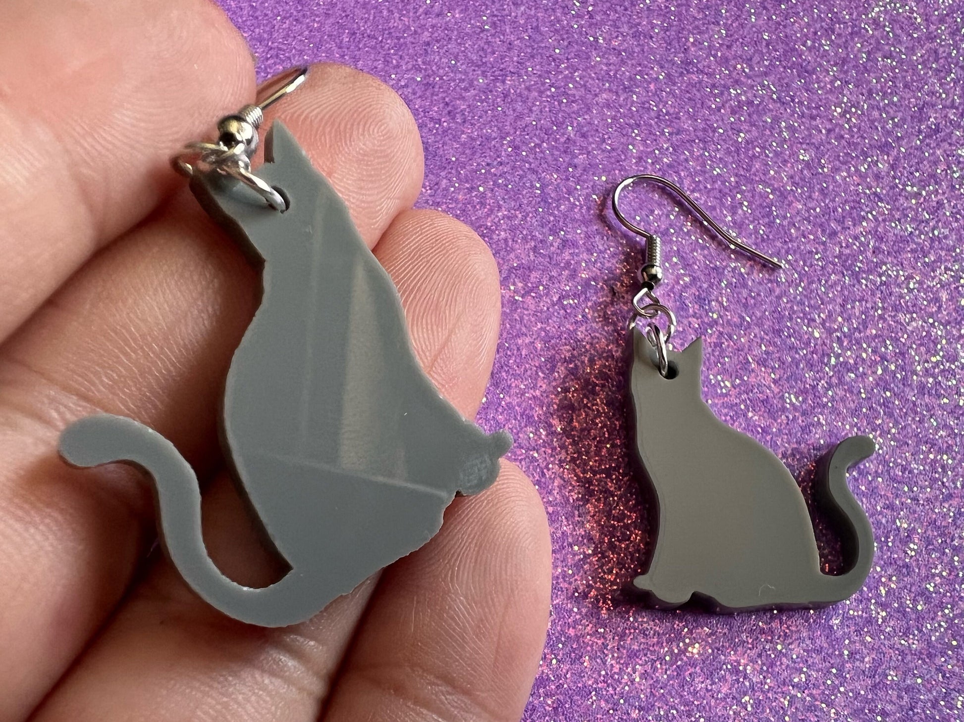 Cat Earrings: Laser Cut Acrylic Gray Cats, Animal, Feline, Kitty, Kitties, Best Gifts for Her/Him/Them