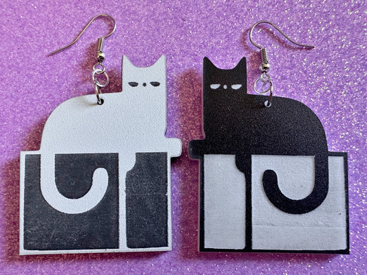 Cat in Box Earrings: Laser Cut Acrylic Cats, Kitty, Kitten, Pussy Cat, Animals, Feline, Black Cat, White Cat, Best Gifts for Her/Him/Them