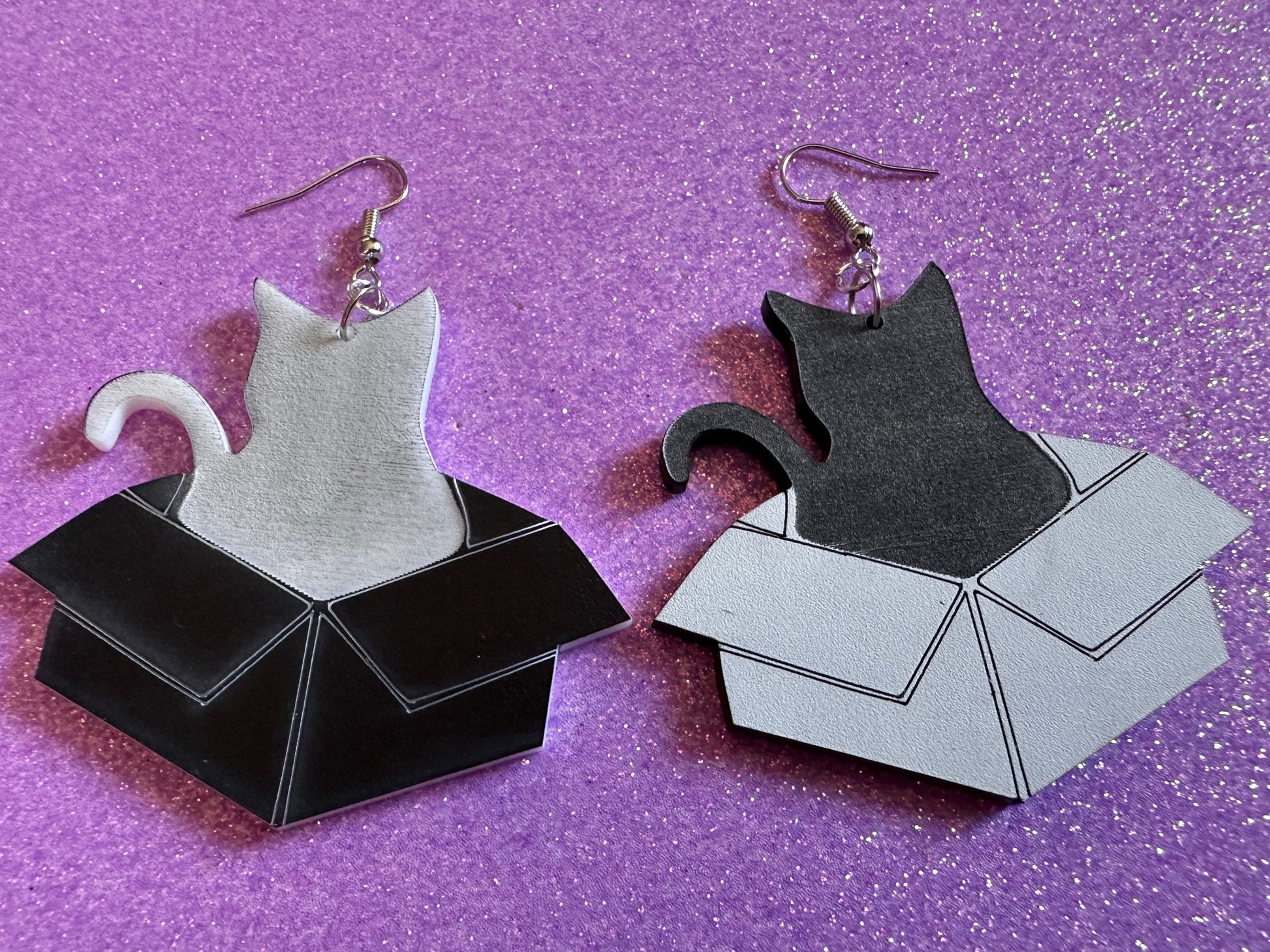 Cat in Box Earrings: Laser Cut Acrylic Cats, Kitty, Kitten, Pussy Cat, Animals, Feline, Black Cat, White Cat, Best Gifts for Her/Him/Them
