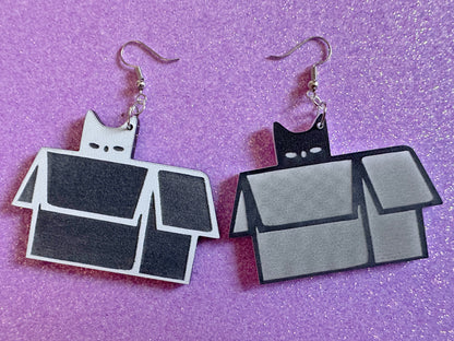 Cat in Box Earrings: Laser Cut Acrylic Cats, Kitty, Kitten, Pussy Cat, Animals, Feline, Black Cat, White Cat, Best Gifts for Her/Him/Them